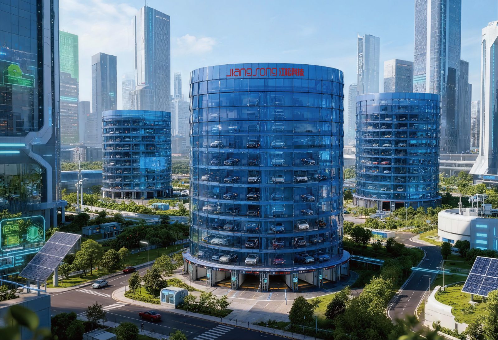 Intelligent parking garages in a city block: three glass towers holding cars on stacked shelves